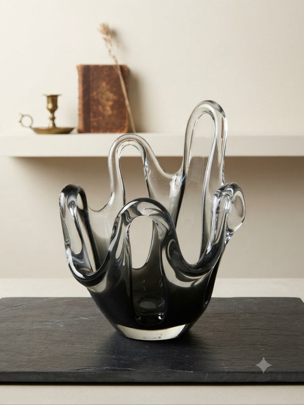 Vintage Smoky Black & Clear Art Glass Vase| Retro Home Decor